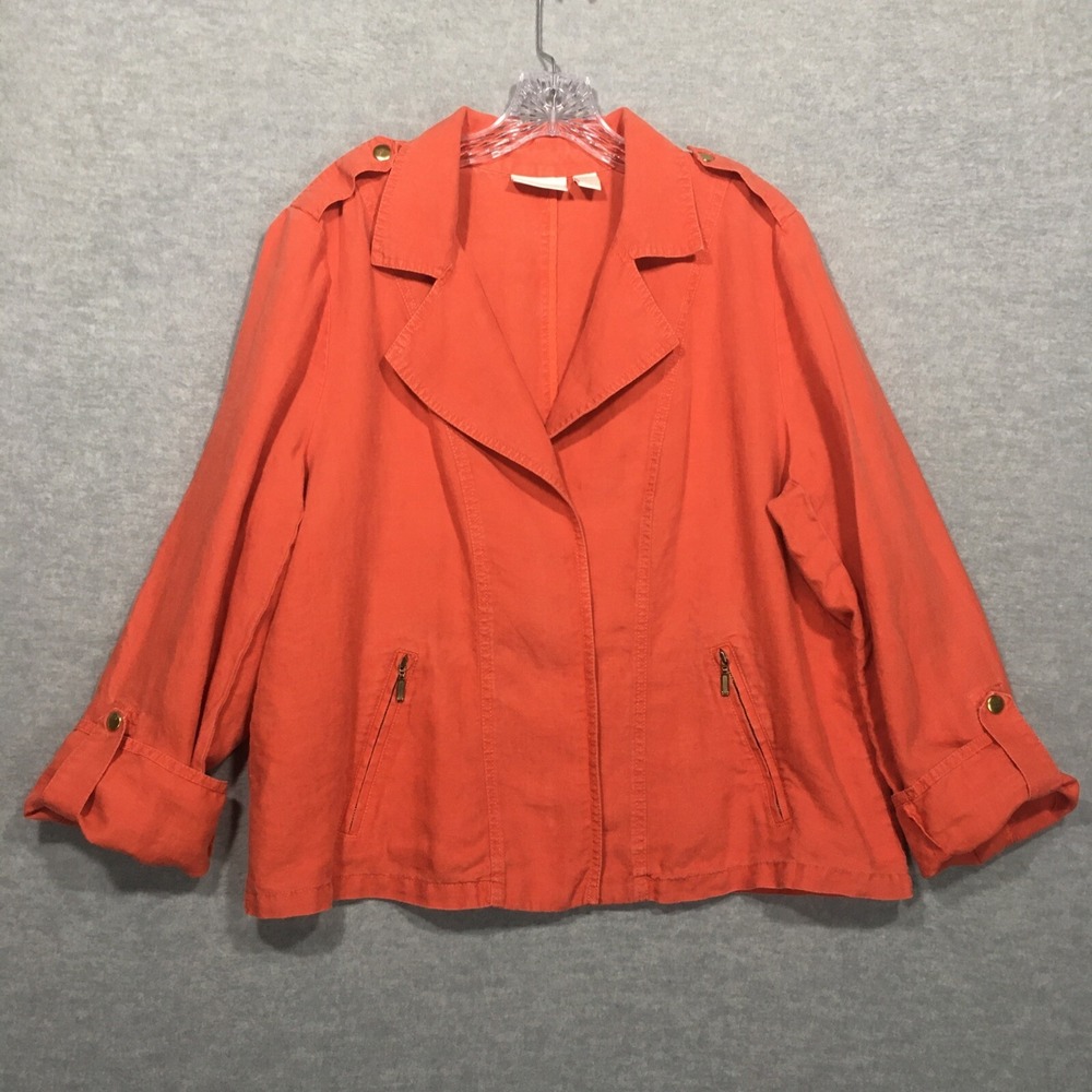 Chicos 3 Orange 100% Linen Blazer Collared Open Zip Pockets Roll Tab Sz Large